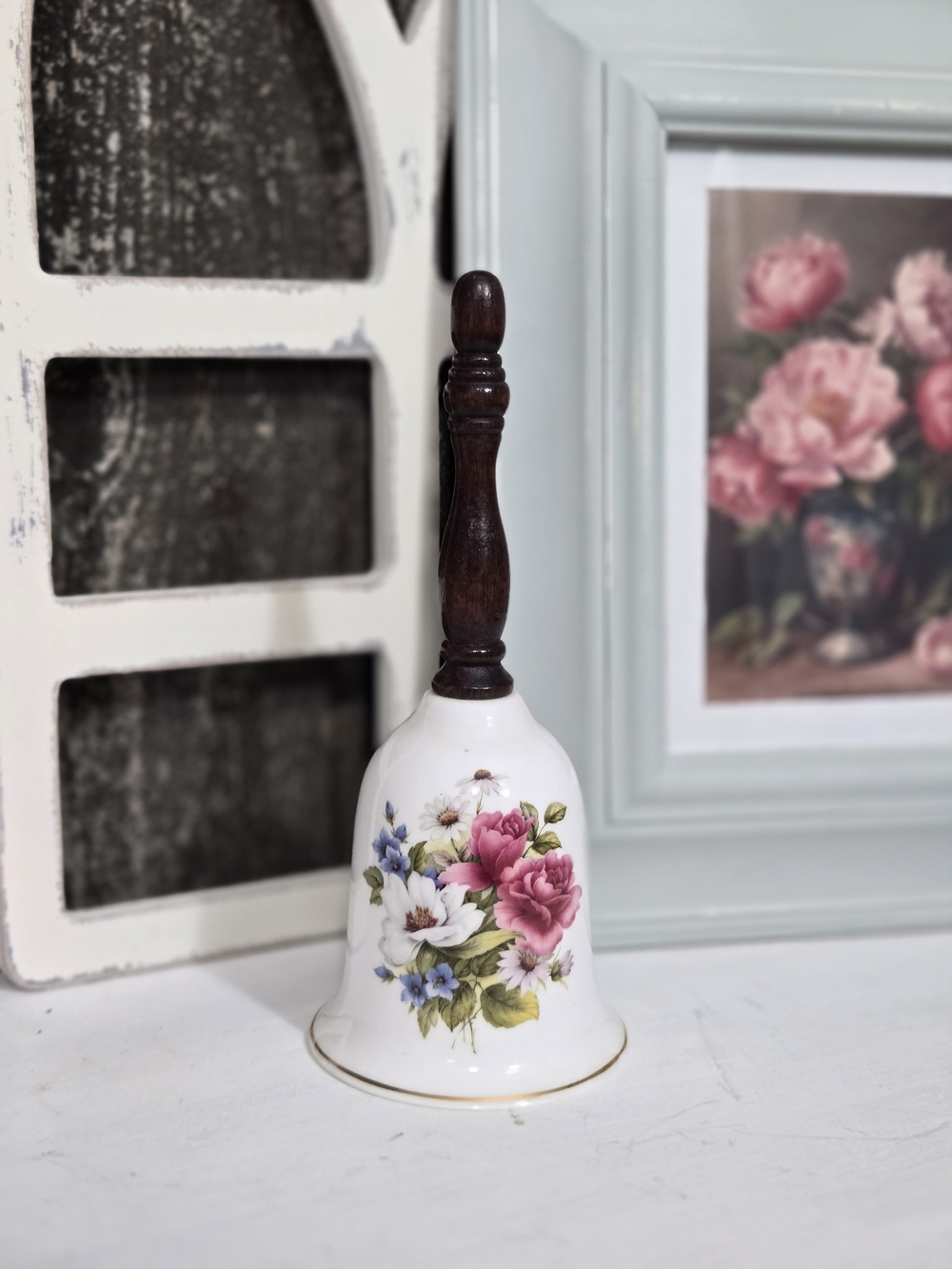 Vintage Floral Porcelain Bell with Turned Wood Handle